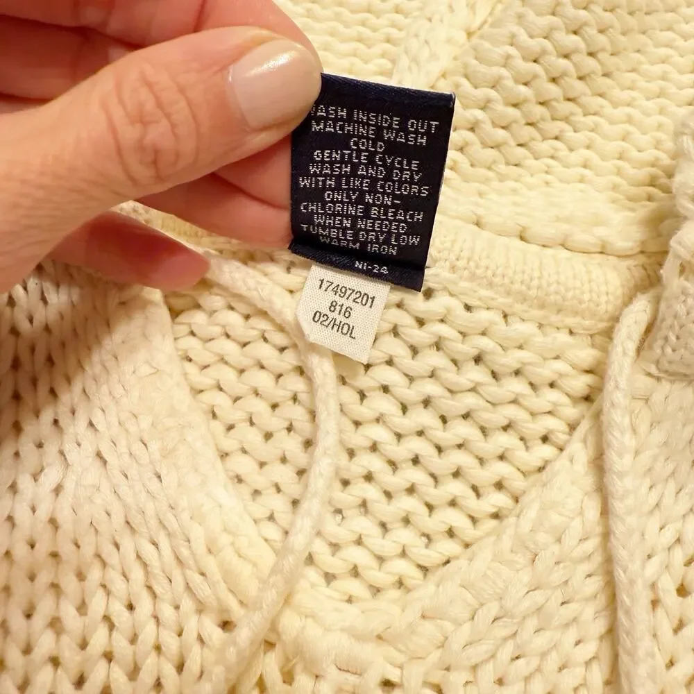 Vintage Y2K GAP Ivory Cotton Fisherman Sweater M Hooded Cable Knit Bell Sleeve